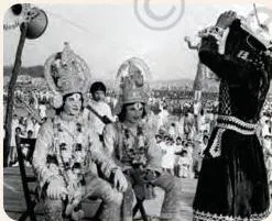 A 1949 Ramalila performance in which Lord Rama and Lakshmana receive Vibhishana, the brother of Ravana