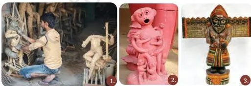 Gallery of Indian sculptural crafts: a potter sculpting festival idols in Kolkata, terracotta animal figurines from Odisha, and a painted wooden Rāvaṇa from Uttar Pradesh