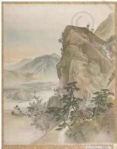 Kawabata Gyokusho's landscape on silk, with a nearer mountain in richer colour and distant mountains hazy behind a layer of mist
