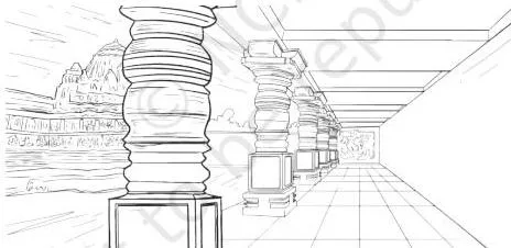 A corridor drawn with linear perspective, its parallel lines converging toward a vanishing point on the horizon to create depth