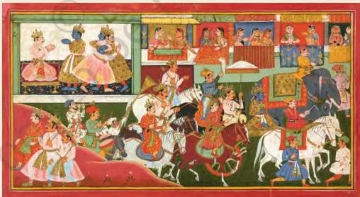 Mewar miniature painting in opaque watercolour and gold on paper, studied in the exercise to identify complementary and analogous colour pairs