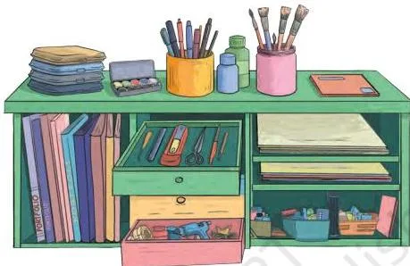 Art materials stored in a neat, organised space, showing the safe storage habits for paper, tools and supplies that the chapter recommends