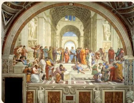 Raphael's School of Athens fresco, in which the architecture's lines converge toward the centre where Aristotle and Plato stand