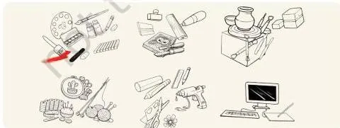 A gallery of visual art mediums grouped into six families: drawing and painting, printmaking, sculpture, textile crafts, paper crafts, and digital art