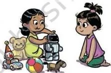 Two pictures of the sentence 'Shalini sat next to a friend with toys' showing how a comma changes who owns the toys, like brackets change an expression's meaning