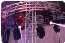 Moving spot fixtures hanging on a lighting rig, automated profiles that can reposition and change colour mid-show