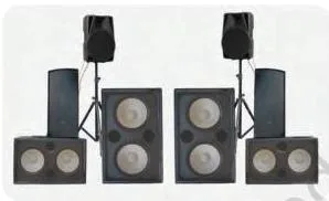 Large stage speakers used as the output of a sound system, converting electrical signals back into acoustic sound
