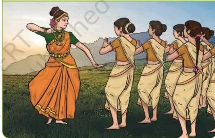 A chain of dancers showing more and more people learning dance until the art reached the earth, completing the legend
