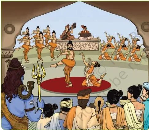 Mahadeva watching the first dance performance from the audience, the moment that led to the vigorous tandava tradition