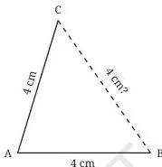 A base line AB drawn 4 cm long with a trial point C placed by ruler, showing that the third side length is not guaranteed
