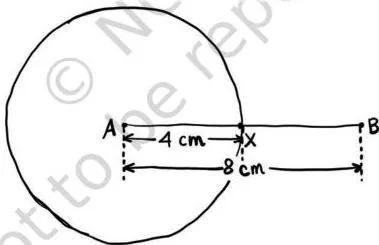 A circle of radius 4 cm around A and a circle of radius 5 cm around B on a base of 8 cm, with AX, AB and BX marked to show the circles must cross