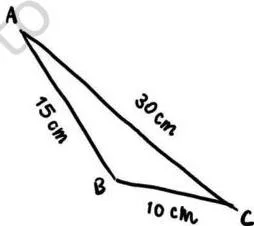 A rough sketch of a triangle labelled with sides 10, 15 and 30 centimetres, drawn as if the triangle existed when it cannot
