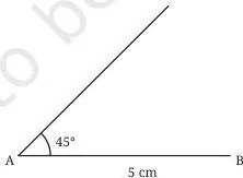 Construction of a triangle with base AB 5 cm, the given 45 degree angle drawn at A, and the second side AC marked 4 cm along the new arm