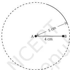 A base line AB of 4 cm with a full circle of radius 5 cm drawn around A, showing all points at distance 5 cm from A