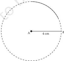 A base line AB with a long compass arc of radius 4 cm drawn around A, marking every possible position of the third vertex