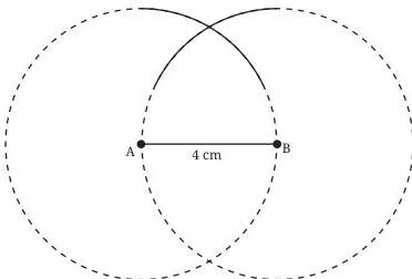 Two compass arcs of radius 4 cm centred at A and B crossing at a single point C above the base line