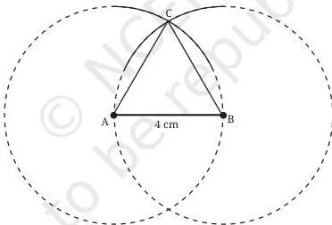 A completed equilateral triangle ABC with all three sides 4 cm, formed by joining A and B to the crossing point C
