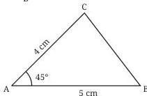 A completed triangle ABC with the given 45 degree angle at A, side AC marked 4 cm, side AB 5 cm, joined by BC