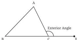 A triangle ABC with side BC extended past C to D, showing the exterior angle ACD outside the triangle at vertex C