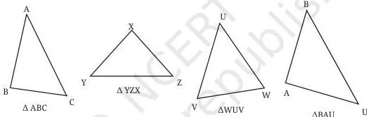 A row of differently shaped triangles from the opening of A Tale of Three Intersecting Lines, showing the variety of the most basic closed shape