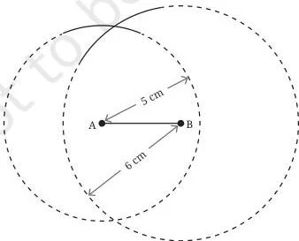 A circle of radius 5 cm around A and an arc of radius 6 cm around B crossing each other at the third vertex C
