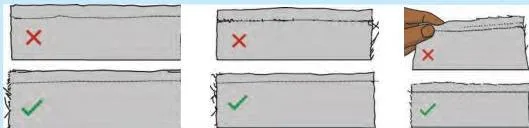 Samples of sewing marked correct and incorrect so students can learn to judge stitch quality