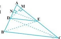 Triangle ABC with segment DE parallel to BC and two perpendiculars EN and DM drawn to the sides, the area-based BPT proof setup