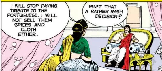 A graphic-story frame showing Abbakka after her coronation speaking with her husband Veera Narasimha, the king of Bangadi, about her plans