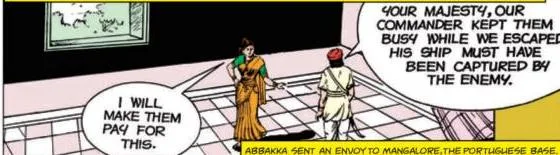 A graphic-story frame showing the Portuguese navy apprehending Abbakka's merchant ships on their return voyage
