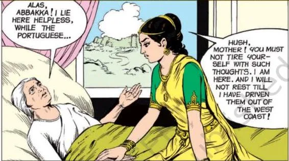 The opening graphic-story frame showing Hiriya Abbakka, the queen of Ullal, on her deathbed with her daughter and successor Abbakka Devi beside her
