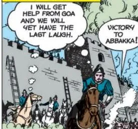 A graphic-story frame showing Ribero, the Portuguese commander, escaping with his life after the attack on the fort
