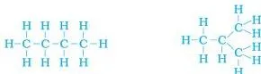 Two complete structural formulas both with formula C4H10, a straight chain and a branched chain, showing structural isomers of butane