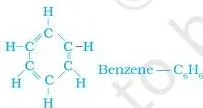 Structure of benzene with six carbon atoms joined in a ring, each carbon also bonded to one hydrogen atom