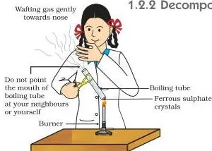 Correct way of heating the boiling tube containing crystals of ferrous sulphate and of smelling the odour