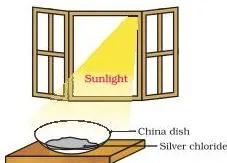 Silver chloride turns grey in sunlight to form silver metal