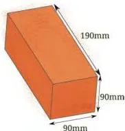 Diagram of a standard Indian brick labelled 190 mm by 90 mm by 90 mm, with a note that mortar adds 10 mm on each face for estimation
