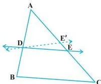 Triangle ABC with points D and E on two sides and an auxiliary segment DE' drawn parallel to BC for the converse proof