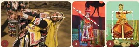 Three flat illustrations numbered 1 to 3: a curve, a diagonal and a quadrangle, the line-shapes the body can create in dance