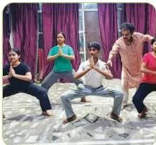 Three dance poses side by side showing standing, sitting and reclining postures, the three kinds of sthāna in the Natyashastra