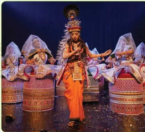 Manipuri dancers in a poised final posture, illustrating the chapter's instruction to let breath guide movement and return to stillness