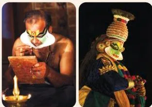 Kathakali artists applying elaborate make-up, with different face colours and headgear for different male characters