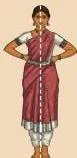 A dancer standing upright in the correct saushtava pose, feet together, hands on waist, ears-shoulders-waist aligned in one vertical line