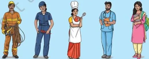 A collage of people in different jobs: electrician, mechanic, chef, nurse and graphic designer, as prompts for a paragraph