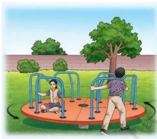 A girl observing objects around her while riding a merry-go-round