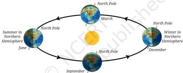 Different positions of the Earth while revolving around the Sun (The Earth's orbit appears elongated because this is a side view and not the top view. The sizes and distances are not to scale)