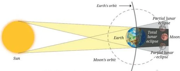 Geometry of a lunar eclipse with the Earth between the Sun and the Moon, its wide shadow covering the whole Moon