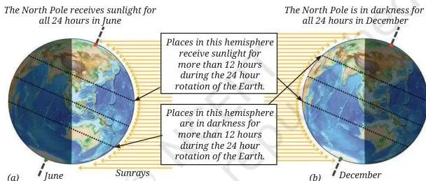 Two arcs of the daily path of the Sun across the sky, long in June and short in December, showing the difference in daytime length