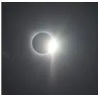 Three photographs of a solar eclipse: a total eclipse, a partial eclipse, and the diamond-ring effect as the Moon moves away from the Sun