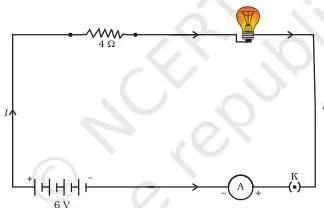 Series circuit with a 6 V battery, a 20 ohm lamp and a 4 ohm resistor in one loop, the source of the worked example values