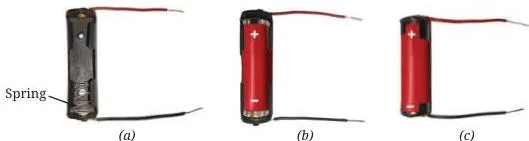 (a) An electric cell holder with two wires attached (b) An electric cell inside the cell holder (c) Wires connected to an electric cell using electrical tape